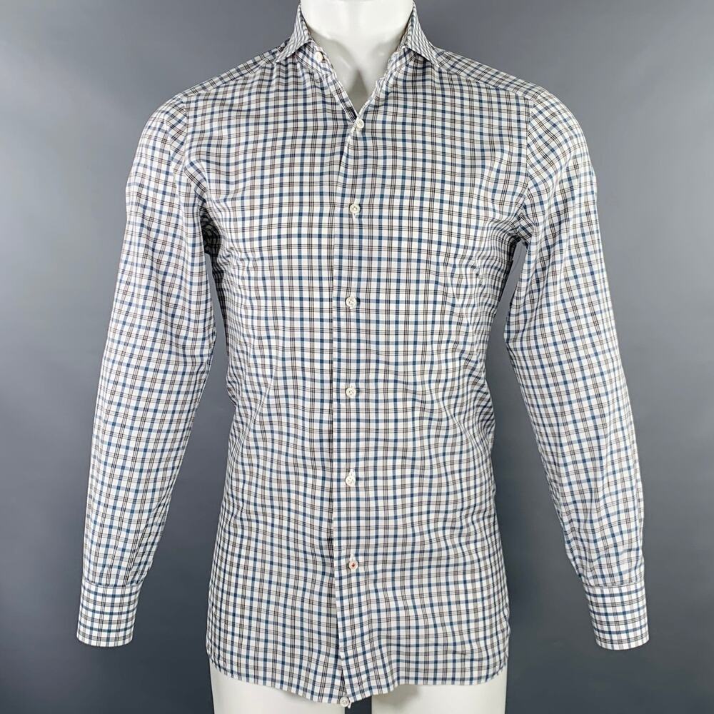 ISAIA Size M White Green Plaid Cotton Spread Collar Long Sleeve Shirt